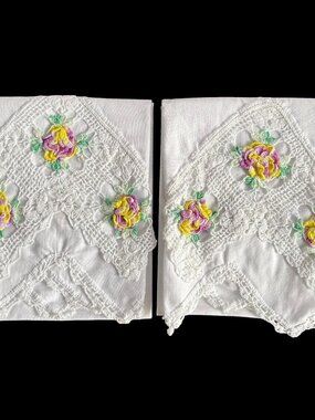 Vintage White Polycotton Purple & Pink Floral Crochet Edge Pillowcases